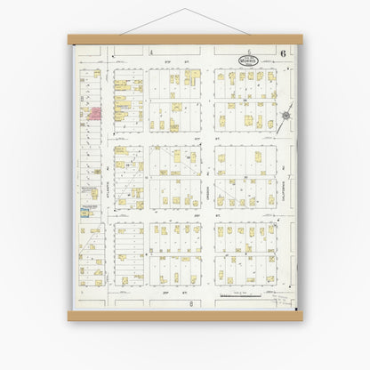 Old map wall art mockup — magnetic wood frame on white wall — Sanborn Fire Insurance Map from Morris, Stevens County, Minnesota (1915), Sheet #0006