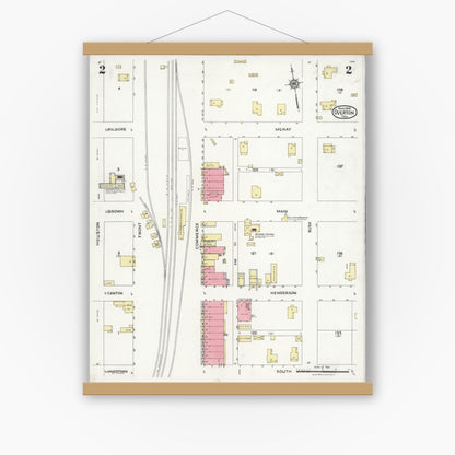 Old map wall art mockup — magnetic wood frame on white wall — Sanborn Fire Insurance Map from Overton, Rusk County, Texas (1926), Sheet #0002