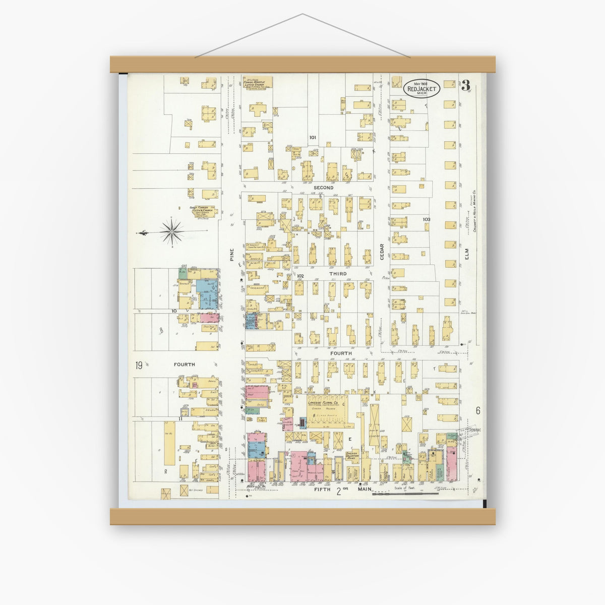 Old map wall art mockup — magnetic wood frame on white wall — Sanborn Fire Insurance Map from Red Jacket, Houghton County, Michigan (1908), Sheet #0003