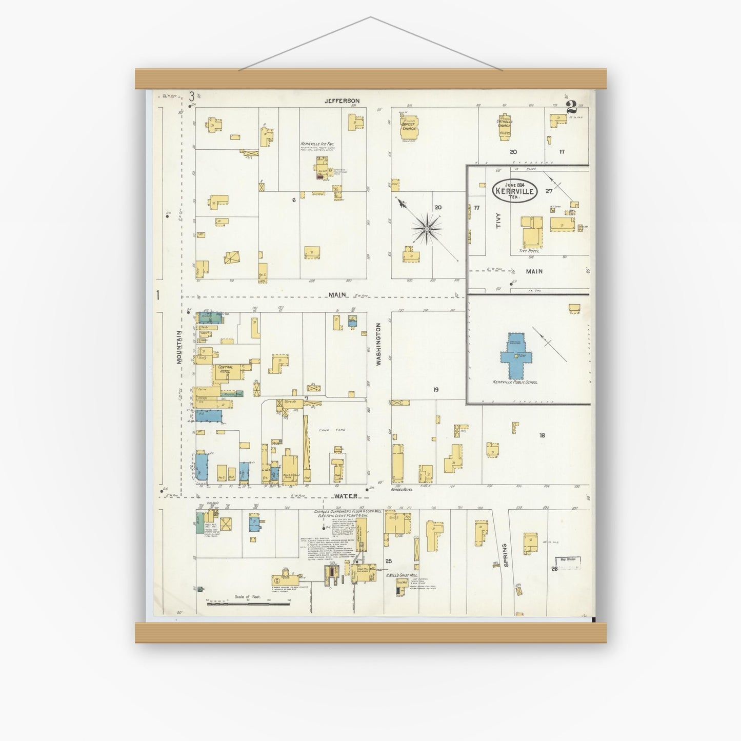 Old map wall art mockup — magnetic wood frame on white wall — Sanborn Fire Insurance Map from Kerrville, Kerr County, Texas (1904), Sheet #0002
