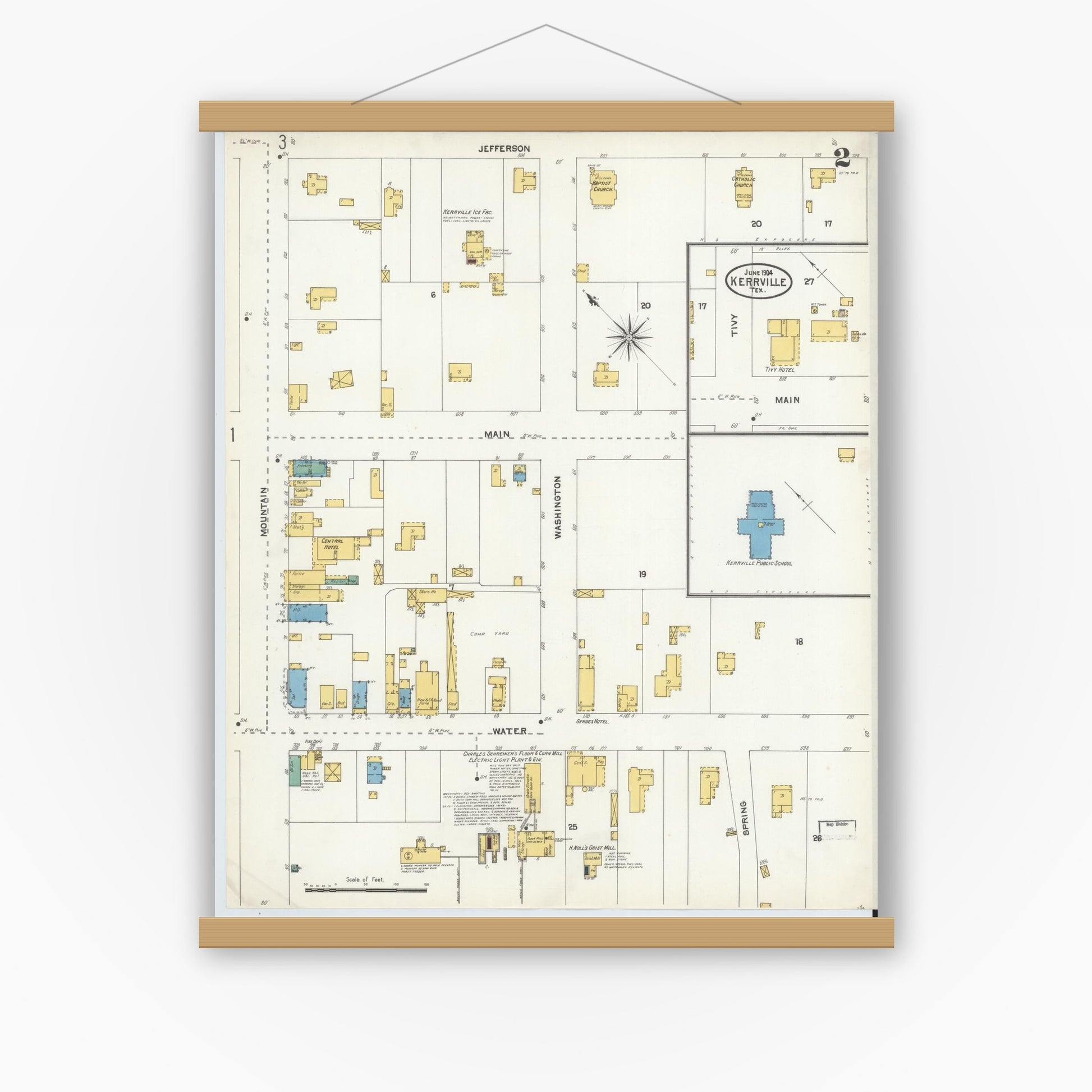 Old map wall art mockup — magnetic wood frame on white wall — Sanborn Fire Insurance Map from Kerrville, Kerr County, Texas (1904), Sheet #0002