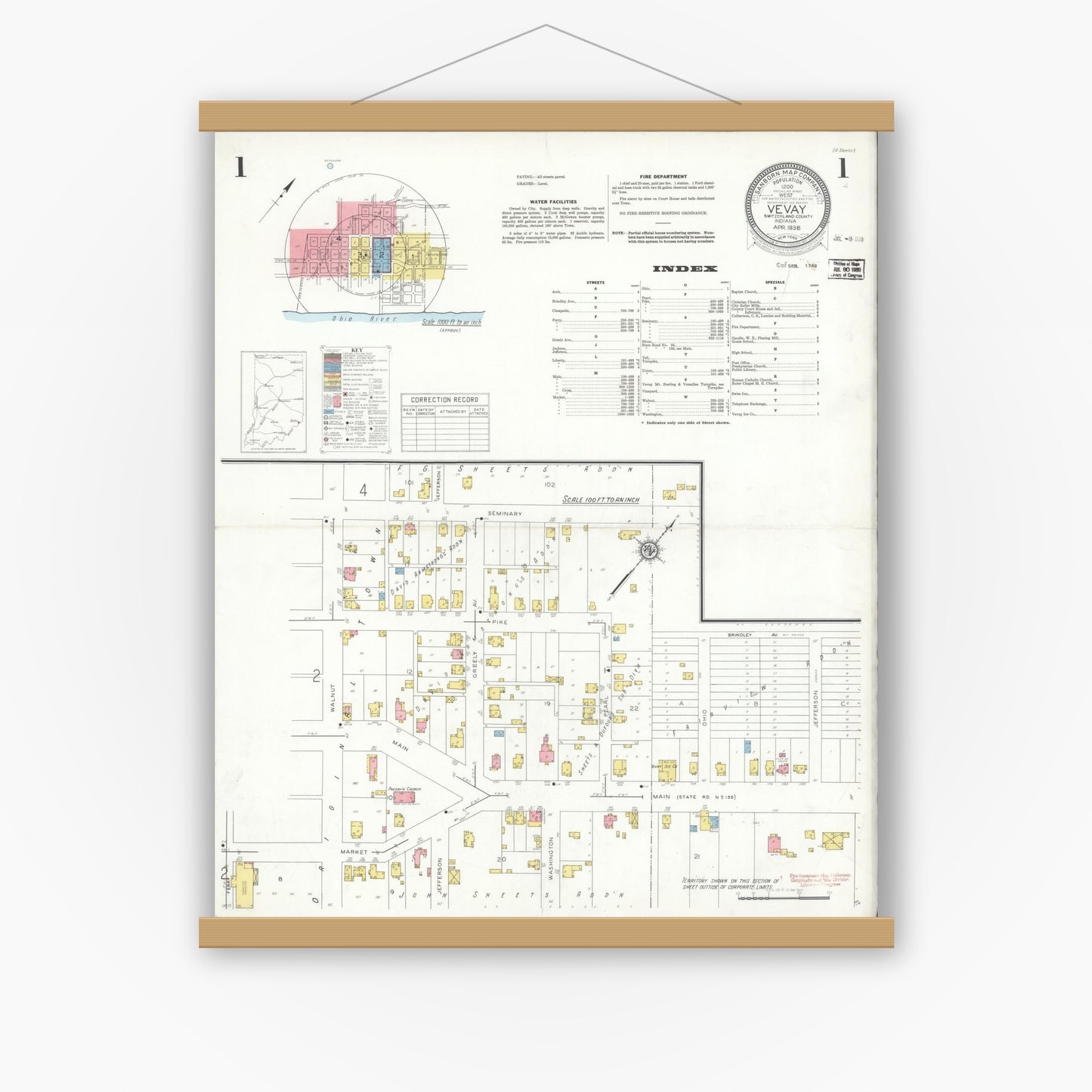 Old map wall art mockup — magnetic wood frame on white wall — Sanborn Fire Insurance Map from Vevay, Switzerland County, Indiana (1938) - Complete Map Set