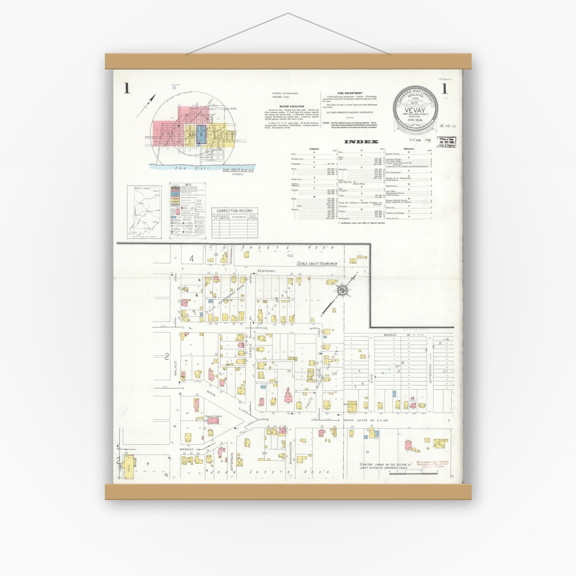 Old map wall art mockup — magnetic wood frame on white wall — Sanborn Fire Insurance Map from Vevay, Switzerland County, Indiana (1938) - Complete Map Set