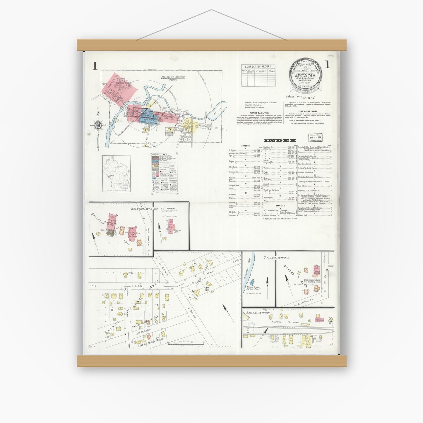 Old map wall art mockup — magnetic wood frame on white wall — Sanborn Fire Insurance Map from Arcadia, Trempealeau County, Wisconsin (1934) - Complete Map Set