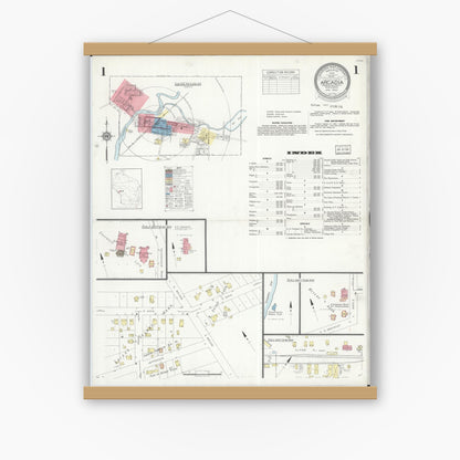 Old map wall art mockup — magnetic wood frame on white wall — Sanborn Fire Insurance Map from Arcadia, Trempealeau County, Wisconsin (1934) - Complete Map Set