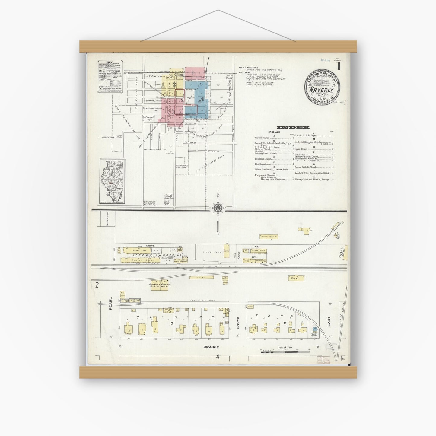 Old map wall art mockup — magnetic wood frame on white wall — Sanborn Fire Insurance Map from Waverly, Morgan County, Illinois (1914), Sheet #0001
