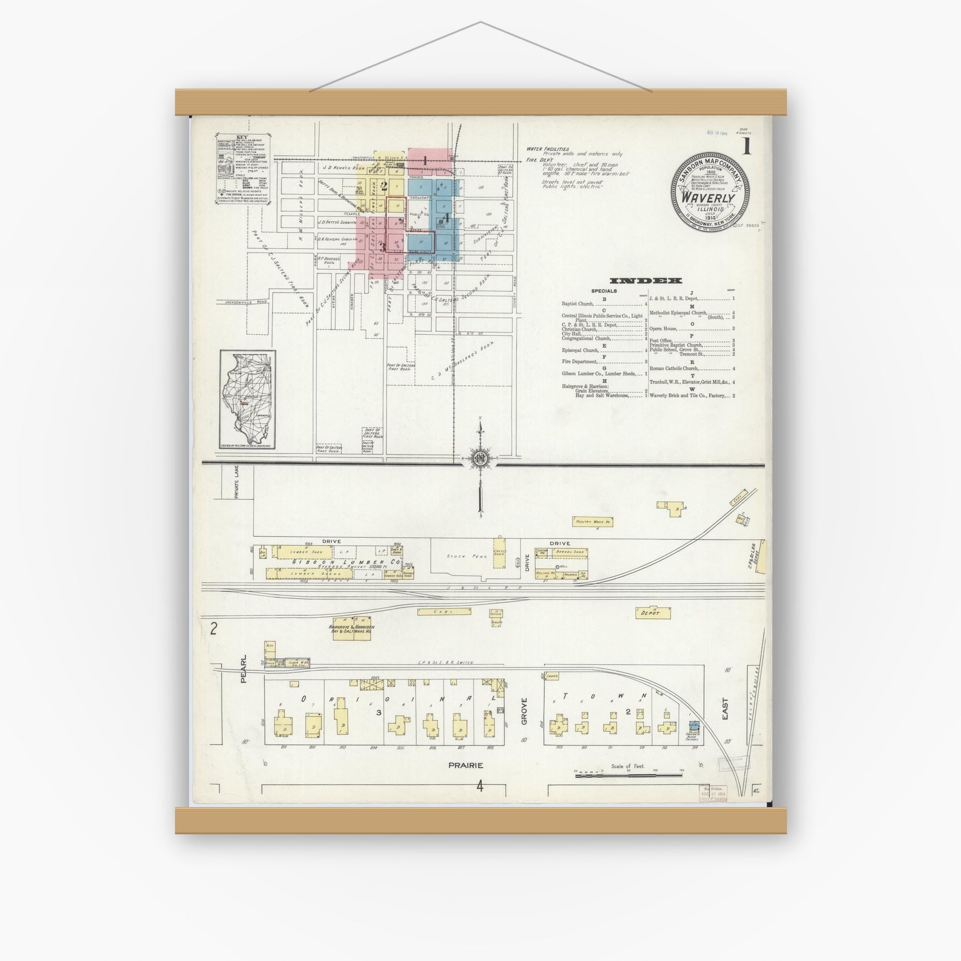 Old map wall art mockup — magnetic wood frame on white wall — Sanborn Fire Insurance Map from Waverly, Morgan County, Illinois (1914), Sheet #0001