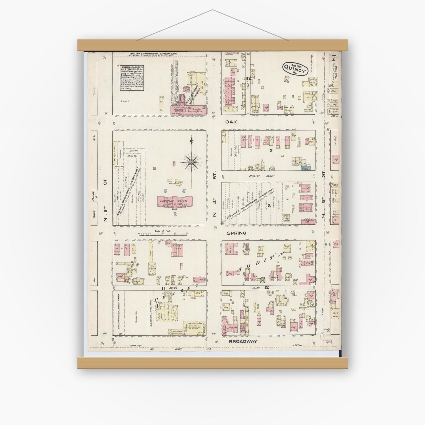 Old map wall art mockup — magnetic wood frame on white wall — Sanborn Fire Insurance Map from Quincy, Adams County, Illinois (1883), Sheet #0007