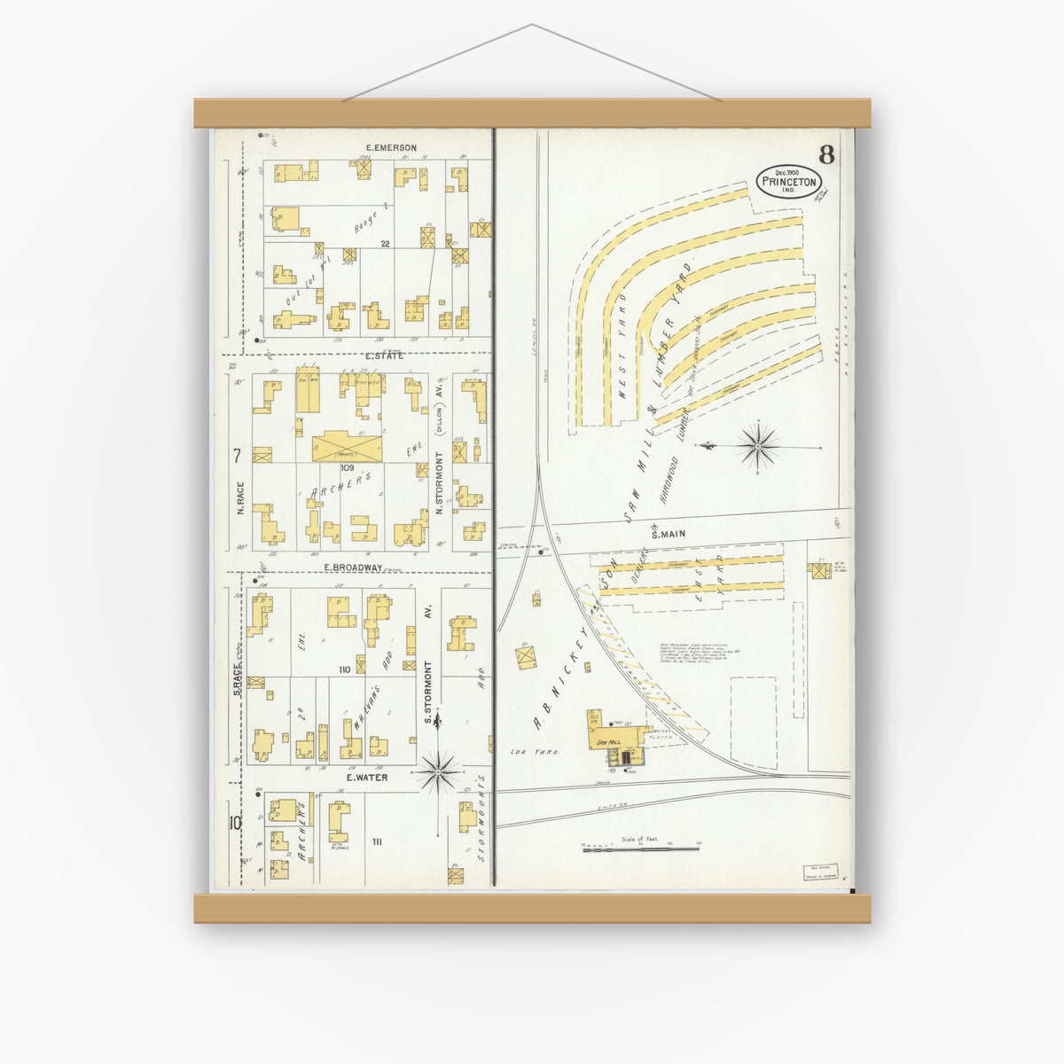 Old map wall art mockup — magnetic wood frame on white wall — Sanborn Fire Insurance Map from Princeton, Gibson County, Indiana (1900), Sheet #0008