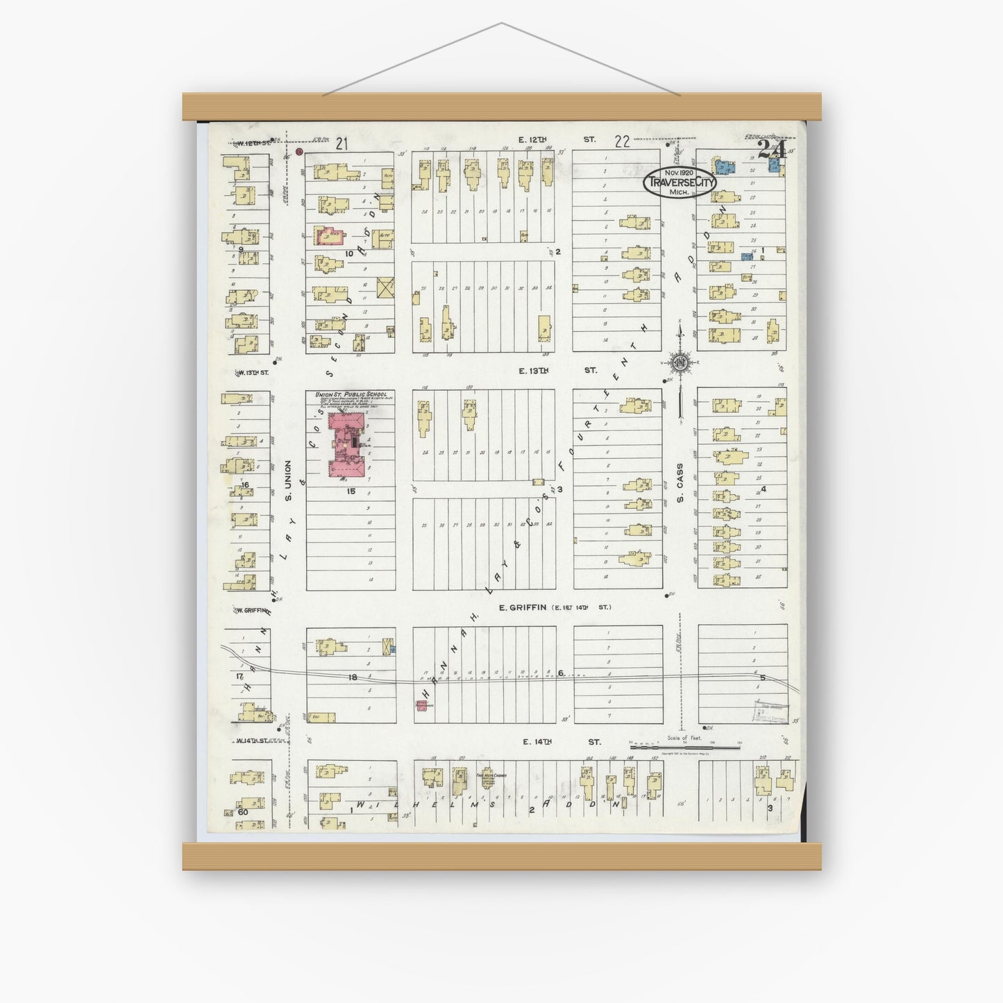 Old map wall art mockup — magnetic wood frame on white wall — Sanborn Fire Insurance Map from Traverse City, Grand Traverse County, Michigan (1920), Sheet #0024