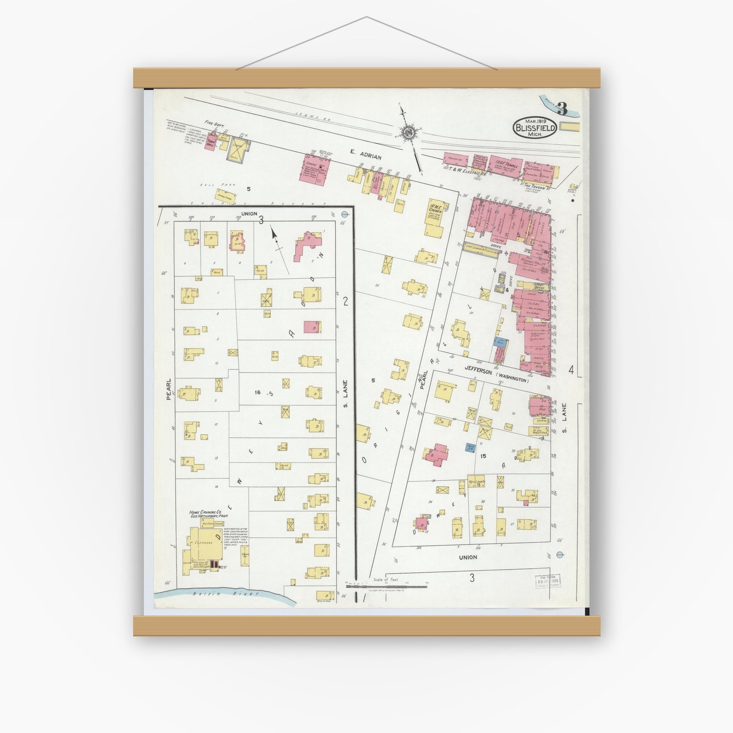 Old map wall art mockup — magnetic wood frame on white wall — Sanborn Fire Insurance Map from Blissfield, Lenawee County, Michigan (1919), Sheet #0003