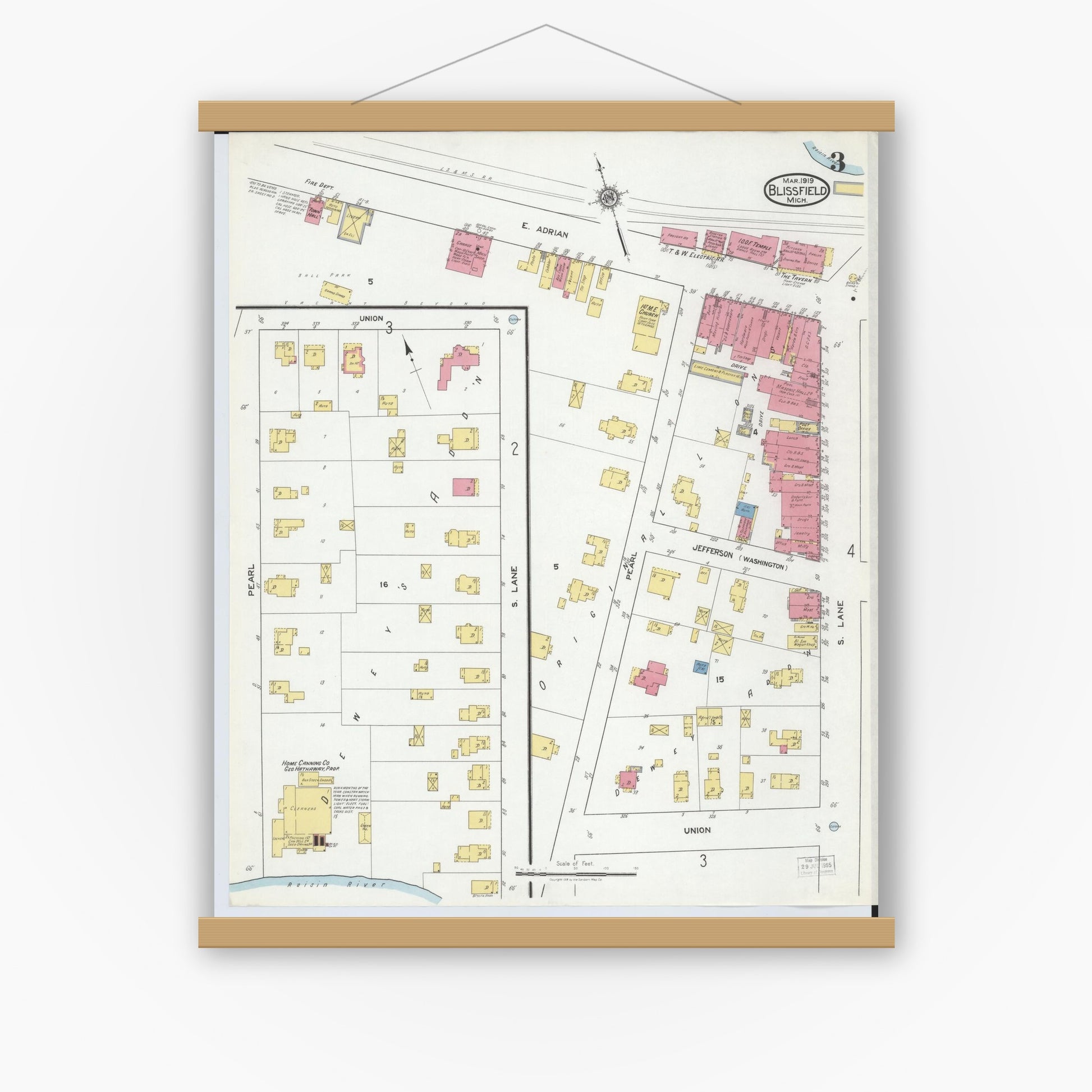 Old map wall art mockup — magnetic wood frame on white wall — Sanborn Fire Insurance Map from Blissfield, Lenawee County, Michigan (1919), Sheet #0003