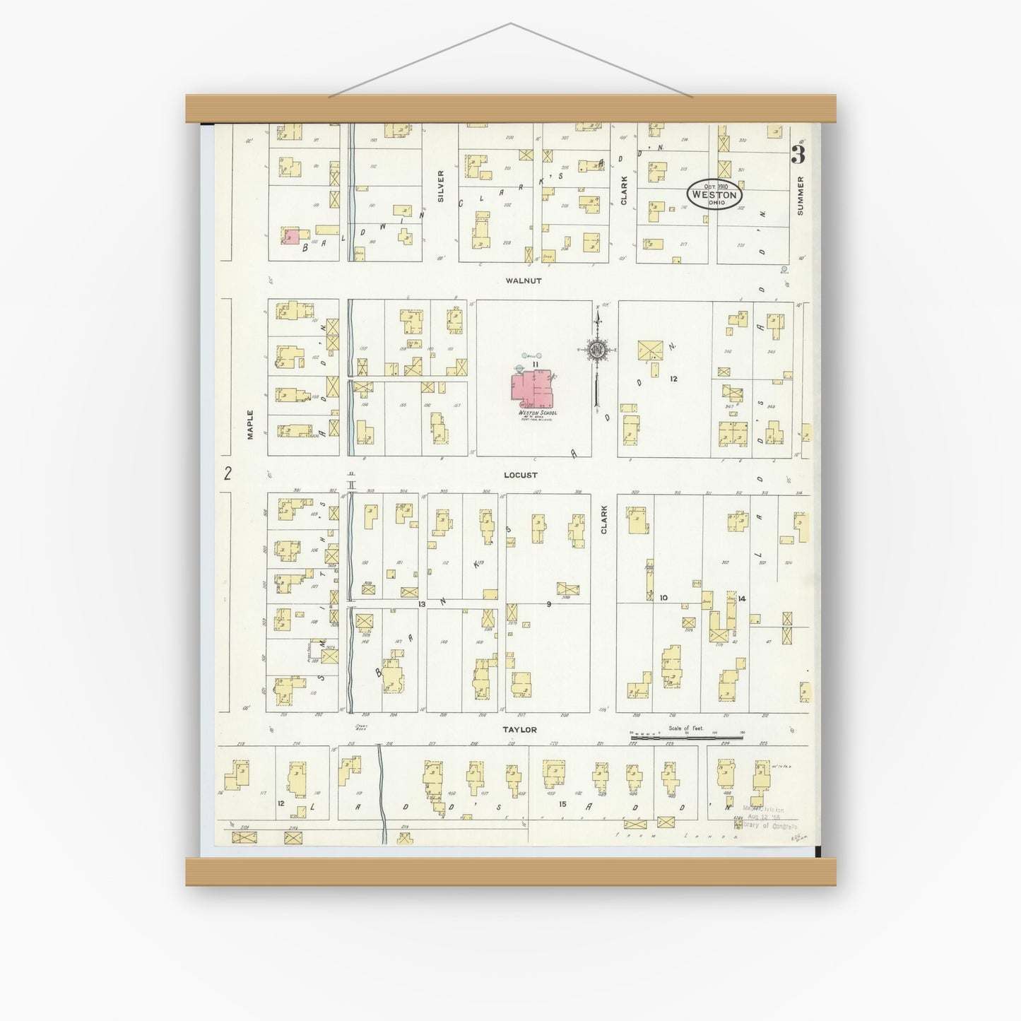 Old map wall art mockup — magnetic wood frame on white wall — Sanborn Fire Insurance Map from Weston, Wood County, Ohio (1910), Sheet #0003