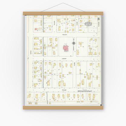 Old map wall art mockup — magnetic wood frame on white wall — Sanborn Fire Insurance Map from Weston, Wood County, Ohio (1910), Sheet #0003