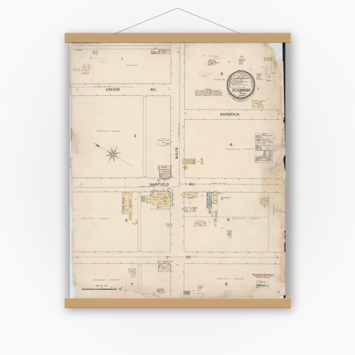 Old map wall art mockup — magnetic wood frame on white wall — Sanborn Fire Insurance Map from Alhambra, Los Angeles County, California (1888), Sheet #0001