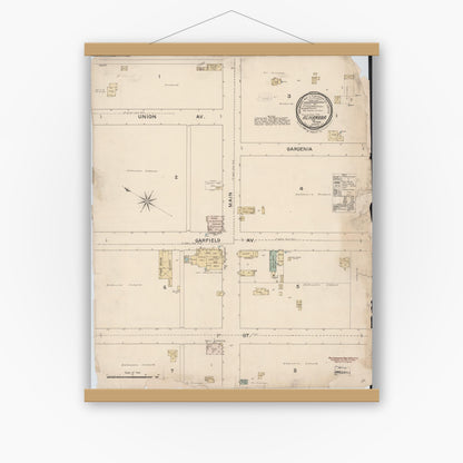 Old map wall art mockup — magnetic wood frame on white wall — Sanborn Fire Insurance Map from Alhambra, Los Angeles County, California (1888), Sheet #0001