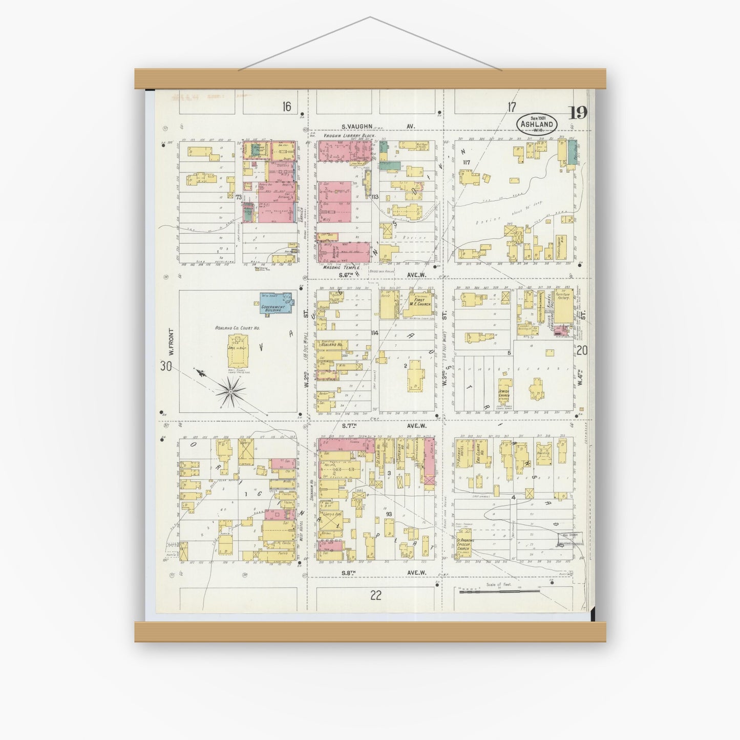 Old map wall art mockup — magnetic wood frame on white wall — Sanborn Fire Insurance Map from Ashland, Ashland County, Wisconsin (1901), Sheet #0019