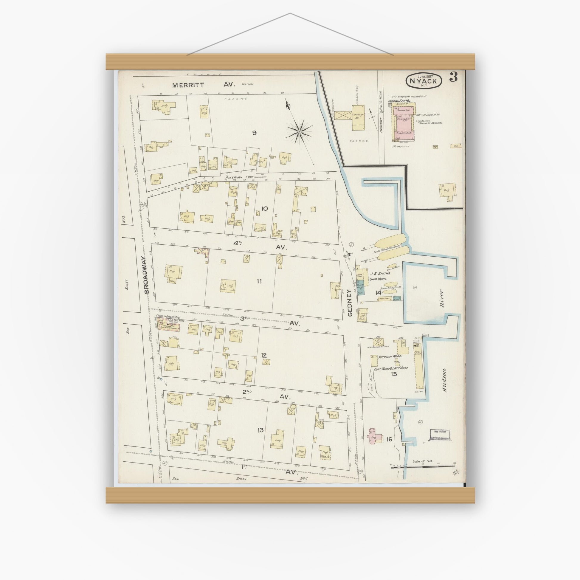 Old map wall art mockup — magnetic wood frame on white wall — Sanborn Fire Insurance Map from Nyack, Rockland County, New York. (1887), Sheet #0003