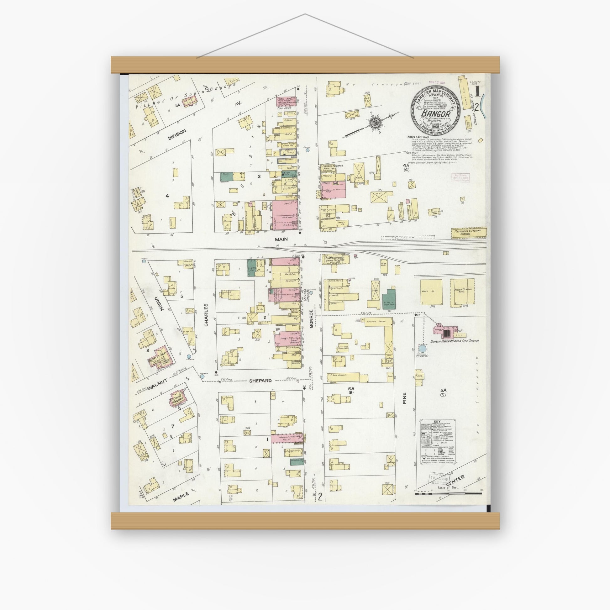 Old map wall art mockup — magnetic wood frame on white wall — Sanborn Fire Insurance Map from Bangor, Van Buren County, Michigan (1909) - Complete Map Set