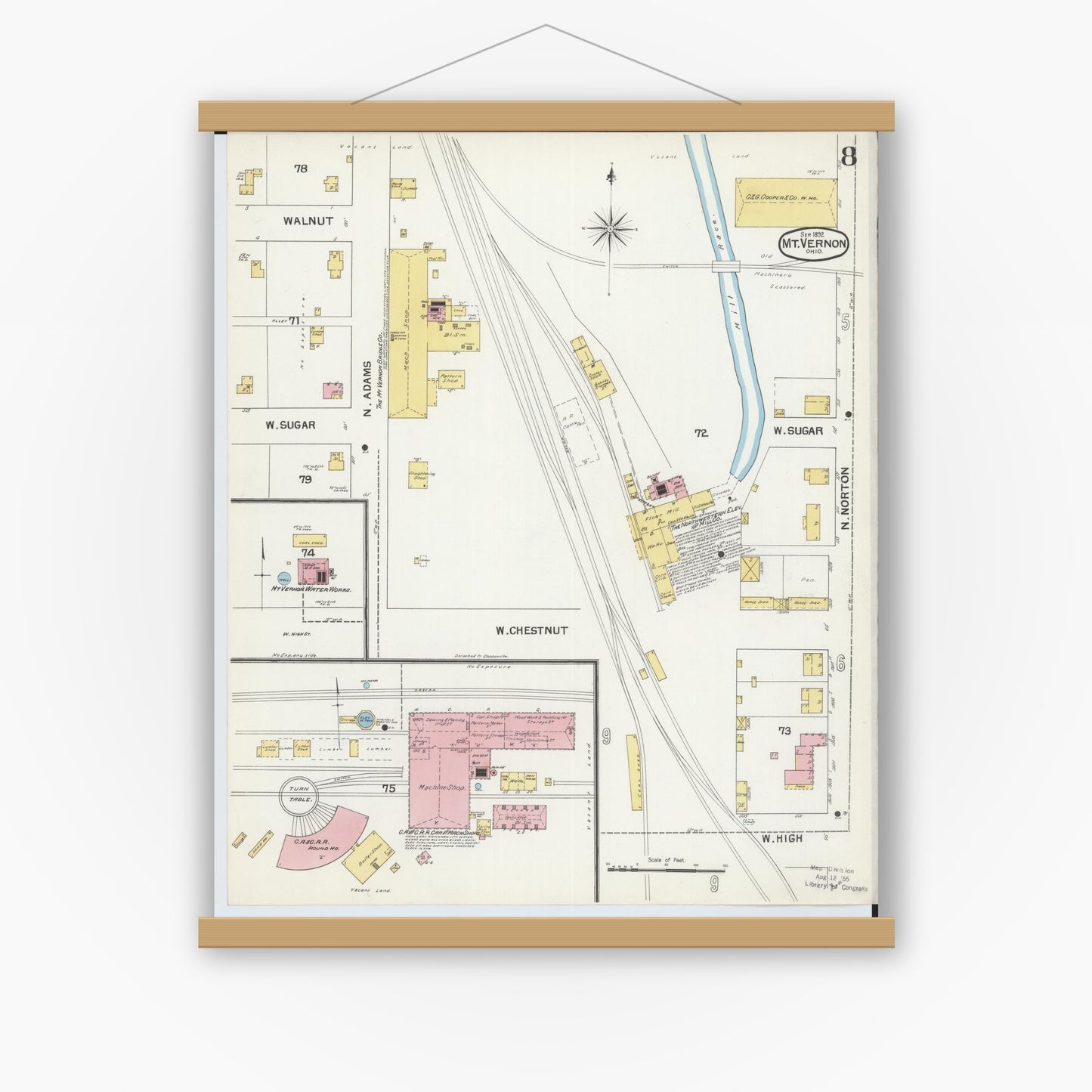 Old map wall art mockup — magnetic wood frame on white wall — Sanborn Fire Insurance Map from Mount Vernon, Knox County, Ohio (1892), Sheet #0008