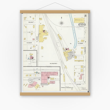 Old map wall art mockup — magnetic wood frame on white wall — Sanborn Fire Insurance Map from Mount Vernon, Knox County, Ohio (1892), Sheet #0008