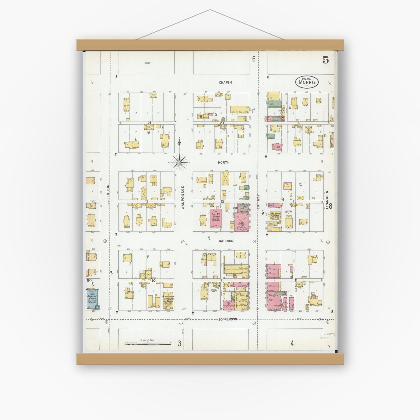 Old map wall art mockup — magnetic wood frame on white wall — Sanborn Fire Insurance Map from Morris, Grundy County, Illinois (1900), Sheet #0005