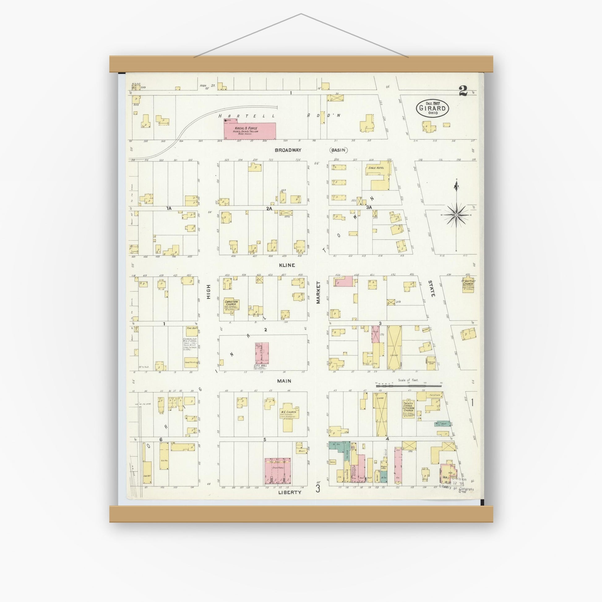 Old map wall art mockup — magnetic wood frame on white wall — Sanborn Fire Insurance Map from Girard, Trumbull County, Ohio (1907), Sheet #0002