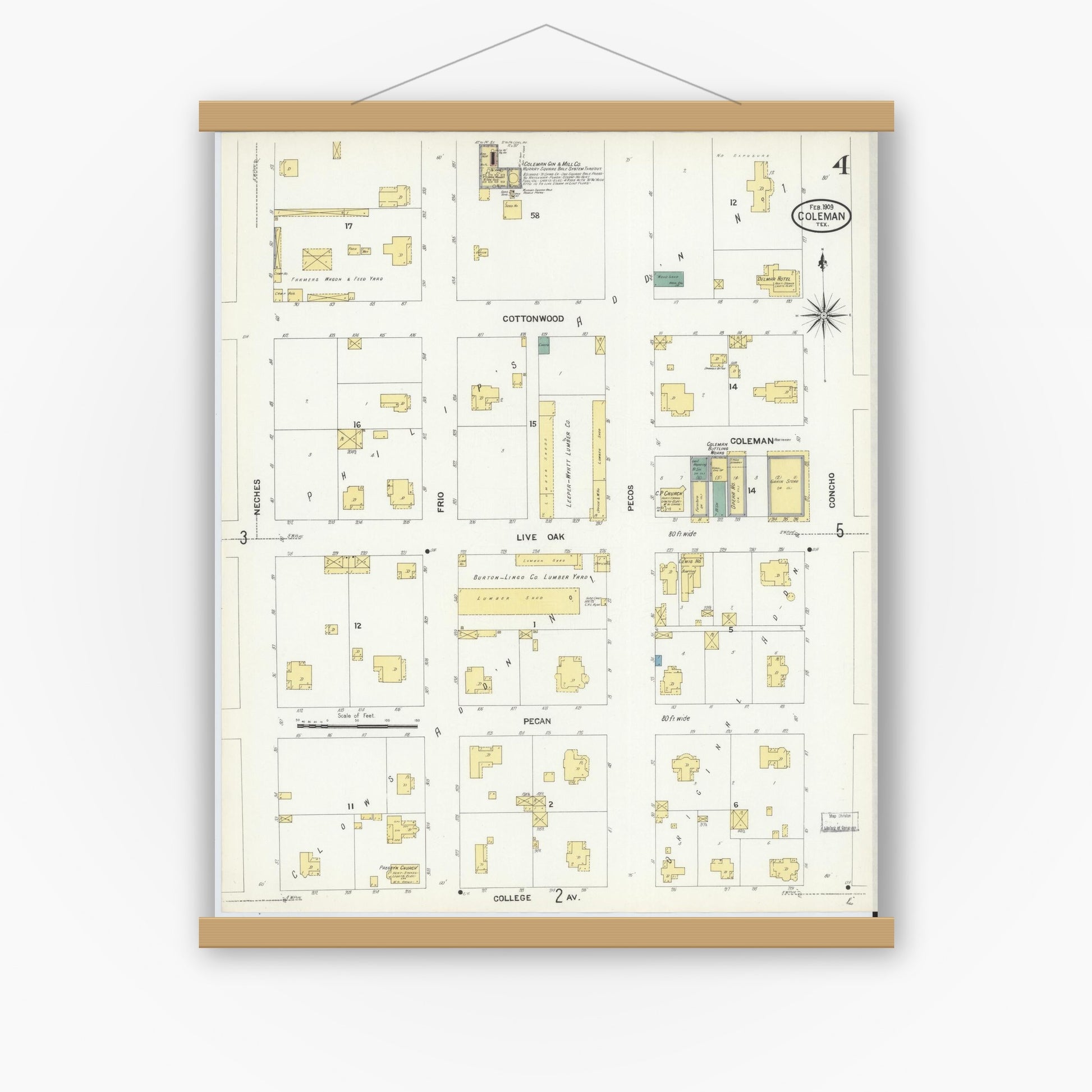 Old map wall art mockup — magnetic wood frame on white wall — Sanborn Fire Insurance Map from Coleman, Coleman County, Texas (1909), Sheet #0004