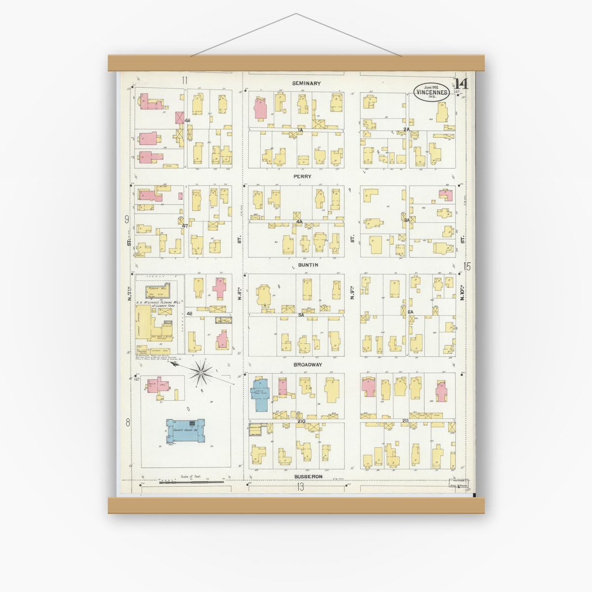 Old map wall art mockup — magnetic wood frame on white wall — Sanborn Fire Insurance Map from Vincennes, Knox County, Indiana (1902), Sheet #0014