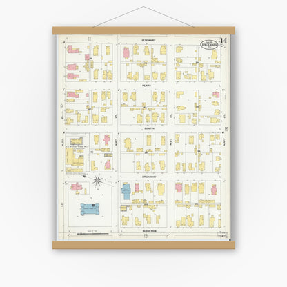Old map wall art mockup — magnetic wood frame on white wall — Sanborn Fire Insurance Map from Vincennes, Knox County, Indiana (1902), Sheet #0014