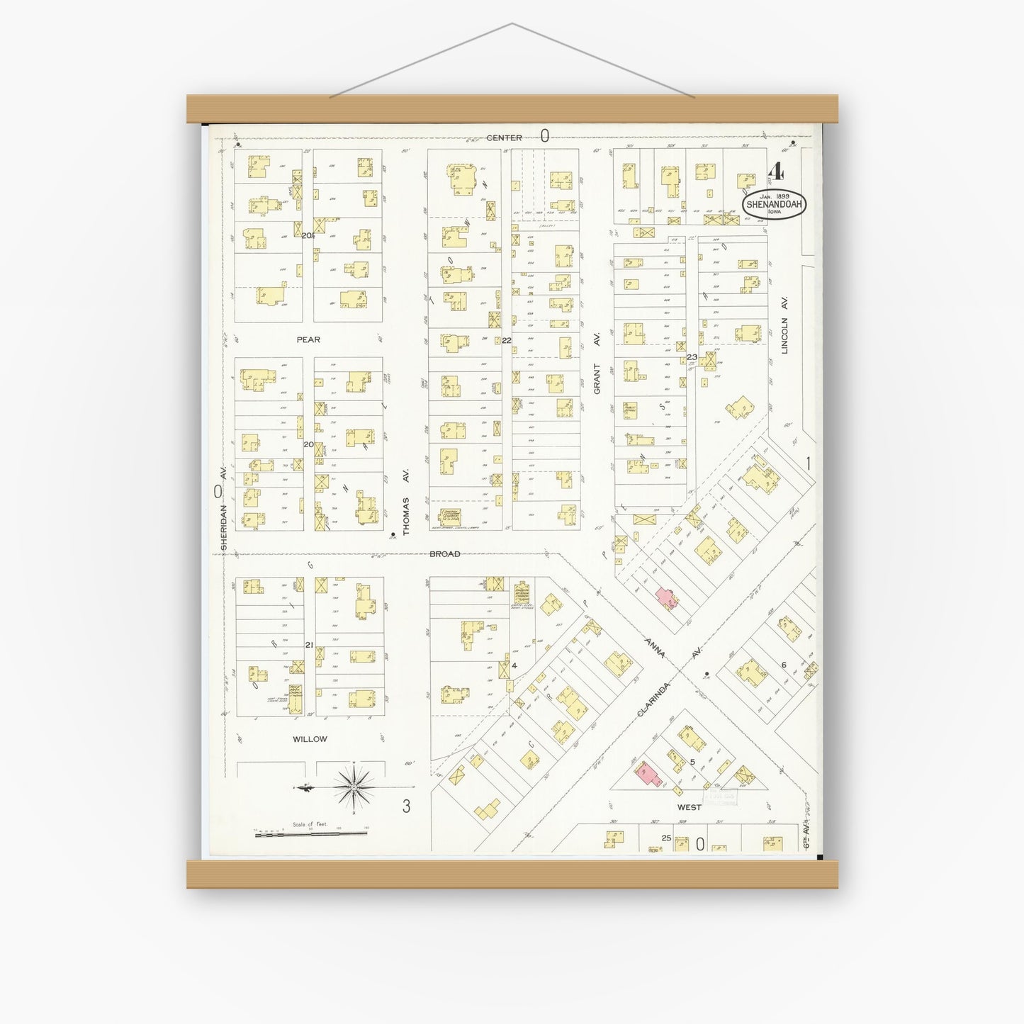 Old map wall art mockup — magnetic wood frame on white wall — Sanborn Fire Insurance Map from Shenandoah, Page County, Iowa (1899), Sheet #0004