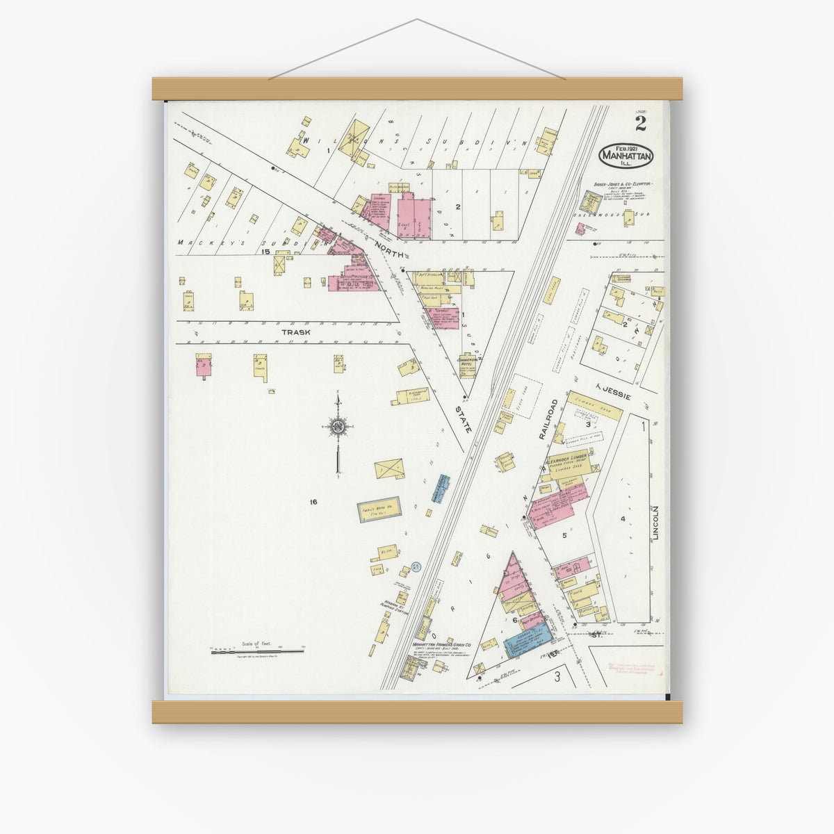 Old map wall art mockup — magnetic wood frame on white wall — Sanborn Fire Insurance Map from Manhattan, Will County, Illinois (1921), Sheet #0002