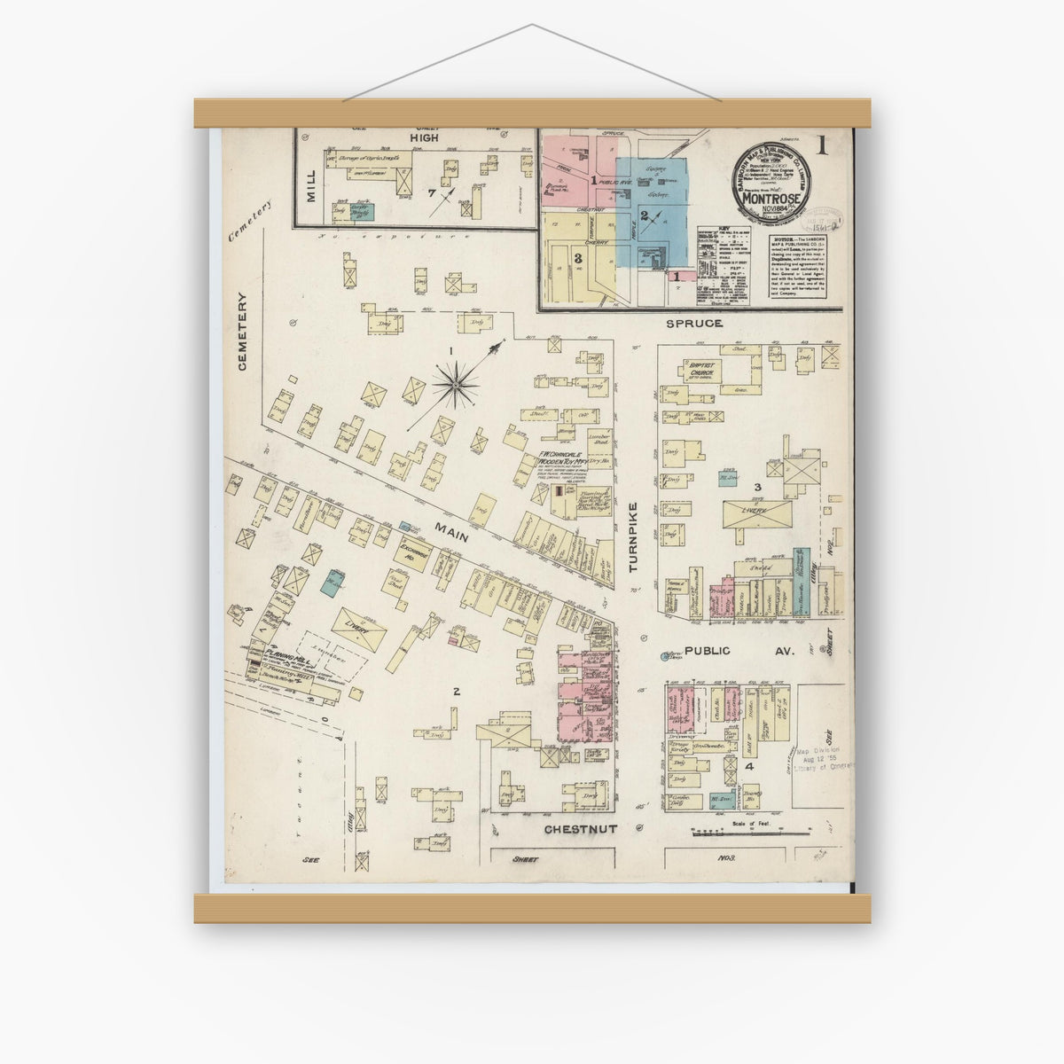 Old map wall art mockup — magnetic wood frame on white wall — Sanborn Fire Insurance Map from Montrose, Susquehanna County, Pennsylvania (1884) - Complete Map Set