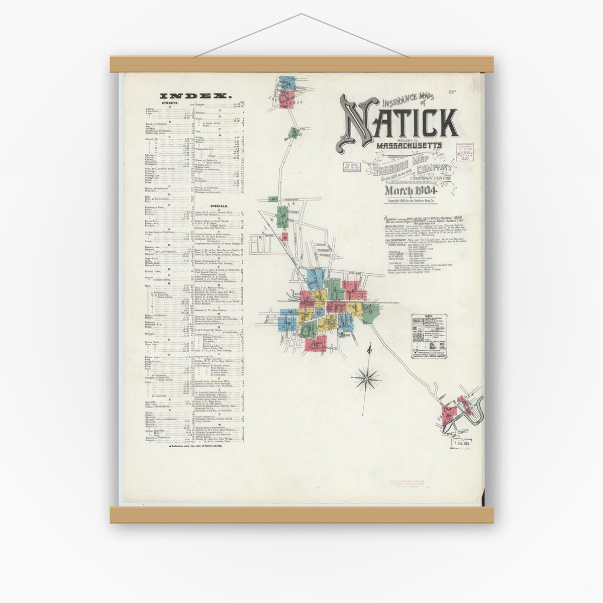 Old map wall art mockup — magnetic wood frame on white wall — Sanborn Fire Insurance Map from Natick, Middlesex County, Massachusetts (1904), Sheet #0001
