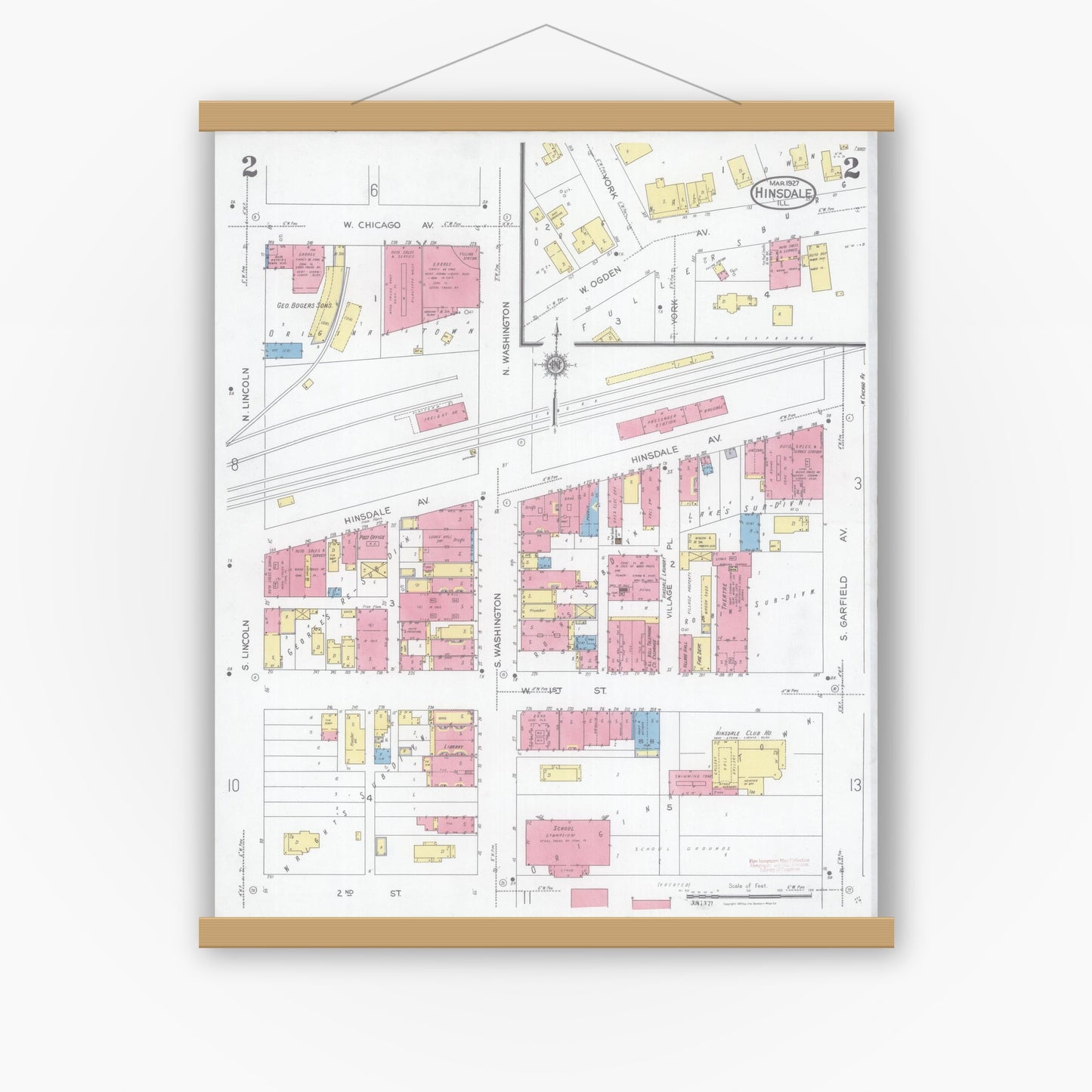 Old map wall art mockup — magnetic wood frame on white wall — Sanborn Fire Insurance Map from Hinsdale, Du Page And Cook Counties, Illinois (1927), Sheet #0002
