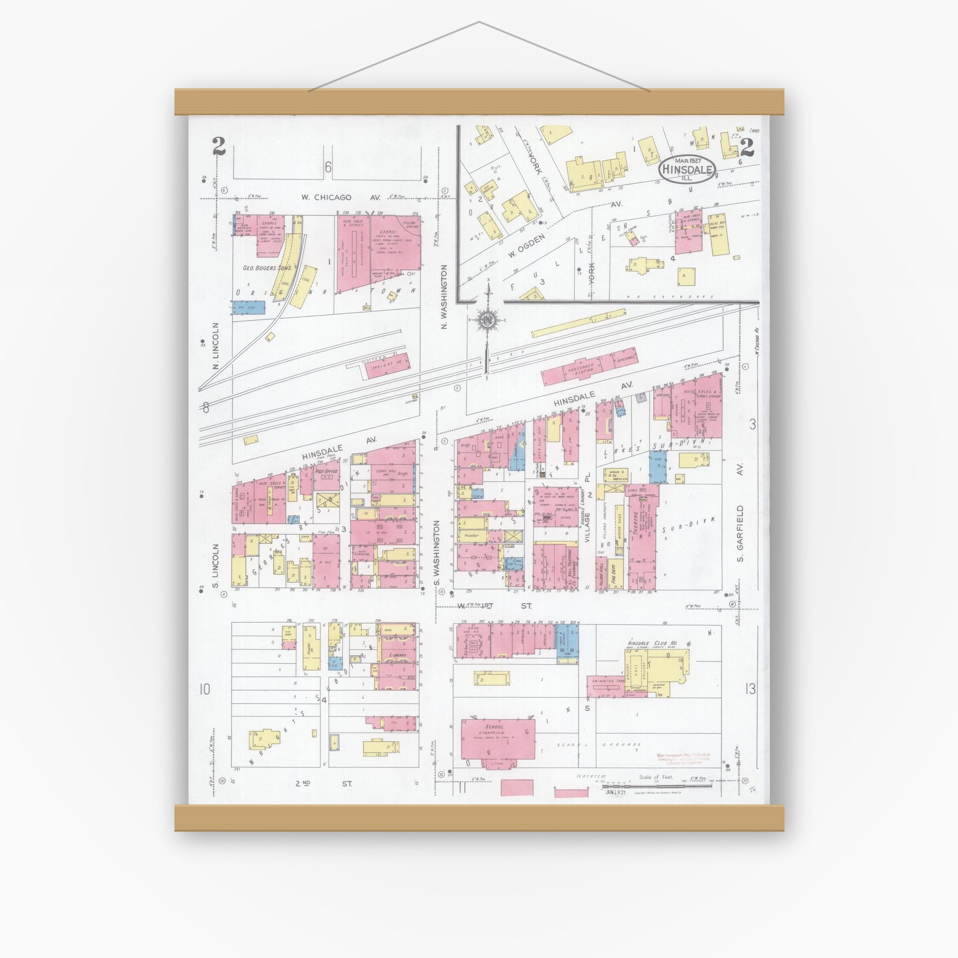 Old map wall art mockup — magnetic wood frame on white wall — Sanborn Fire Insurance Map from Hinsdale, Du Page And Cook Counties, Illinois (1927), Sheet #0002