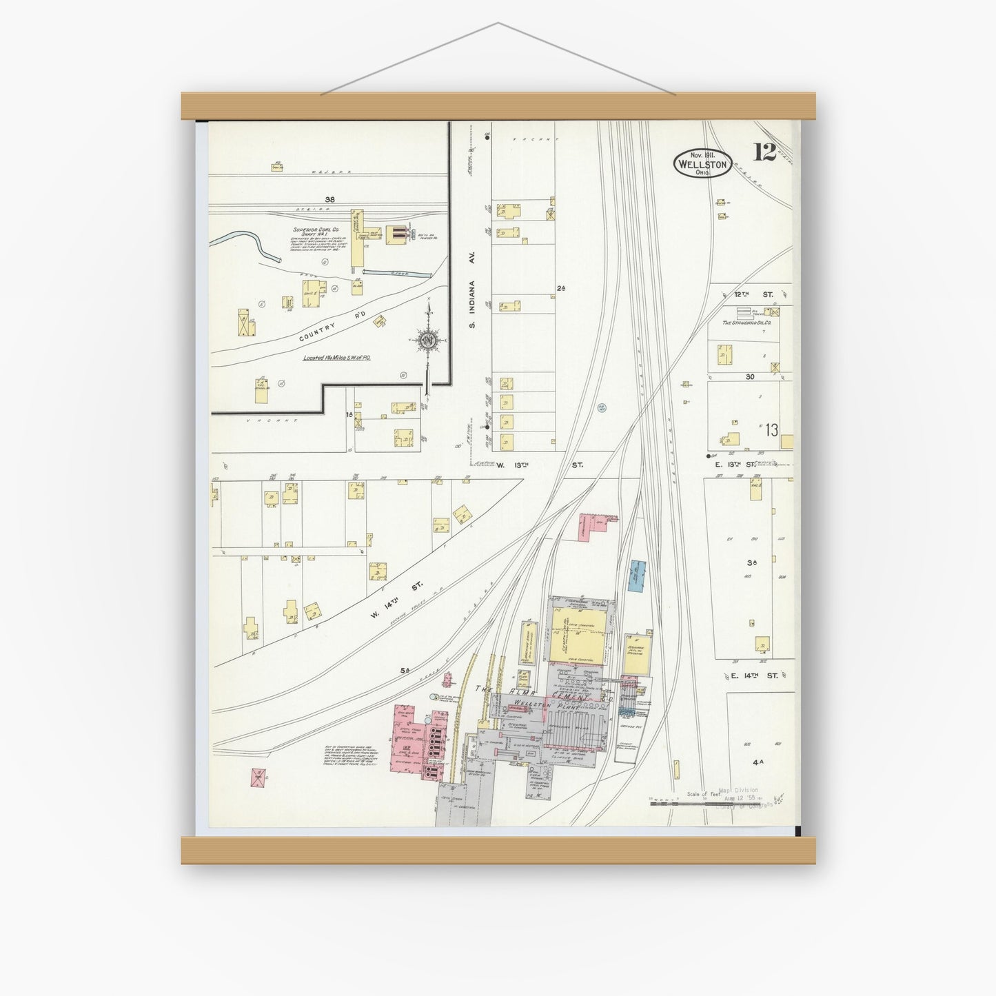 Old map wall art mockup — magnetic wood frame on white wall — Sanborn Fire Insurance Map from Wellston, Jackson County, Ohio (1911), Sheet #0012