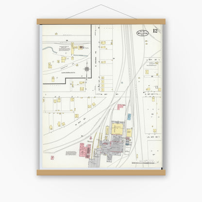 Old map wall art mockup — magnetic wood frame on white wall — Sanborn Fire Insurance Map from Wellston, Jackson County, Ohio (1911), Sheet #0012