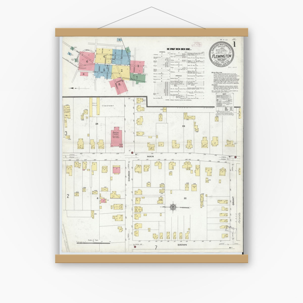 Old map wall art mockup — magnetic wood frame on white wall — Sanborn Fire Insurance Map from Flemington, Hunterdon County, New Jersey (1910) - Complete Map Set