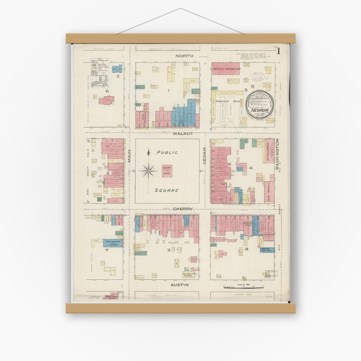 Old map wall art mockup — magnetic wood frame on white wall — Sanborn Fire Insurance Map from Nevada, Vernon County, Missouri (1885) - Complete Map Set