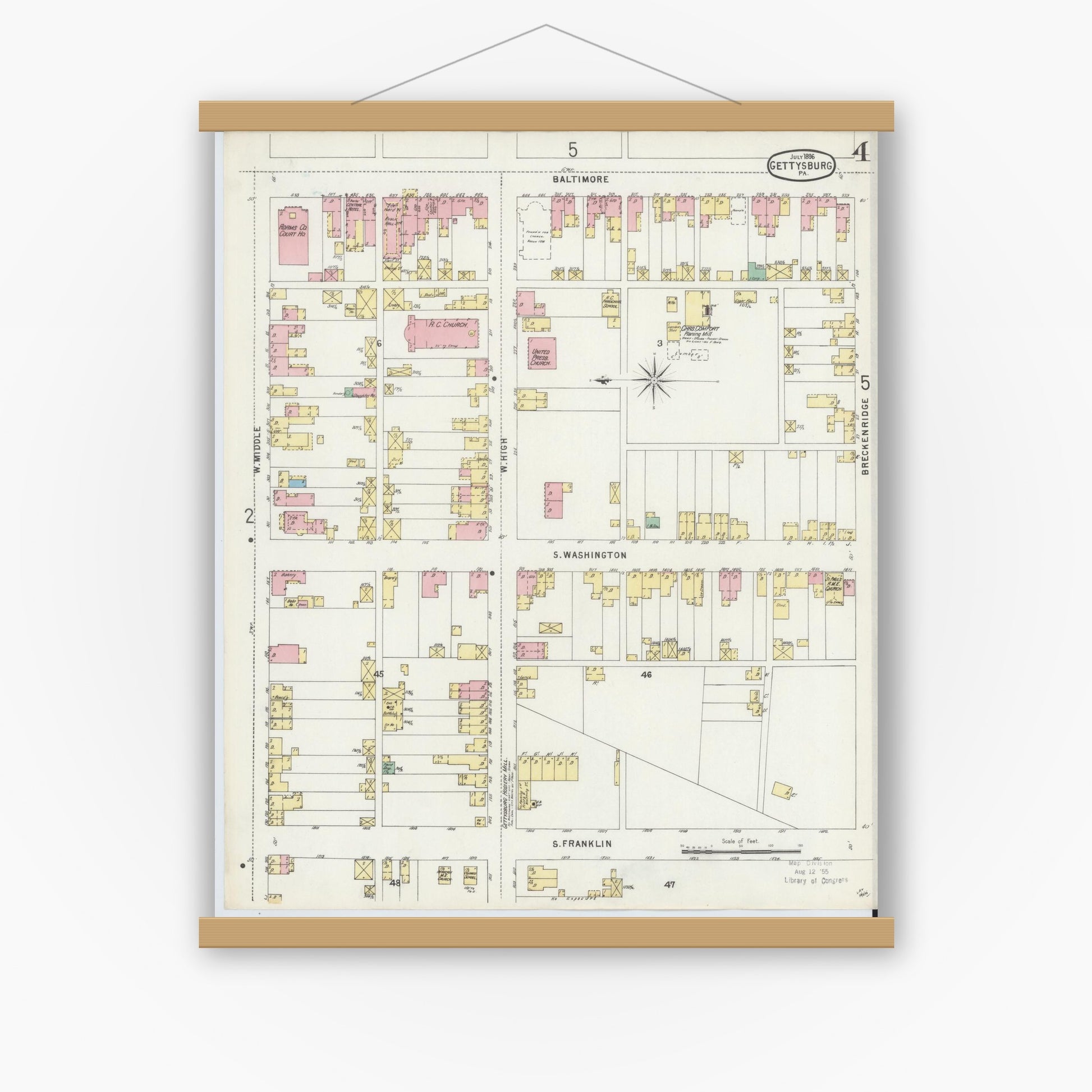 Old map wall art mockup — magnetic wood frame on white wall — Sanborn Fire Insurance Map from Gettysburg, Adams County, Pennsylvania (1896), Sheet #0004