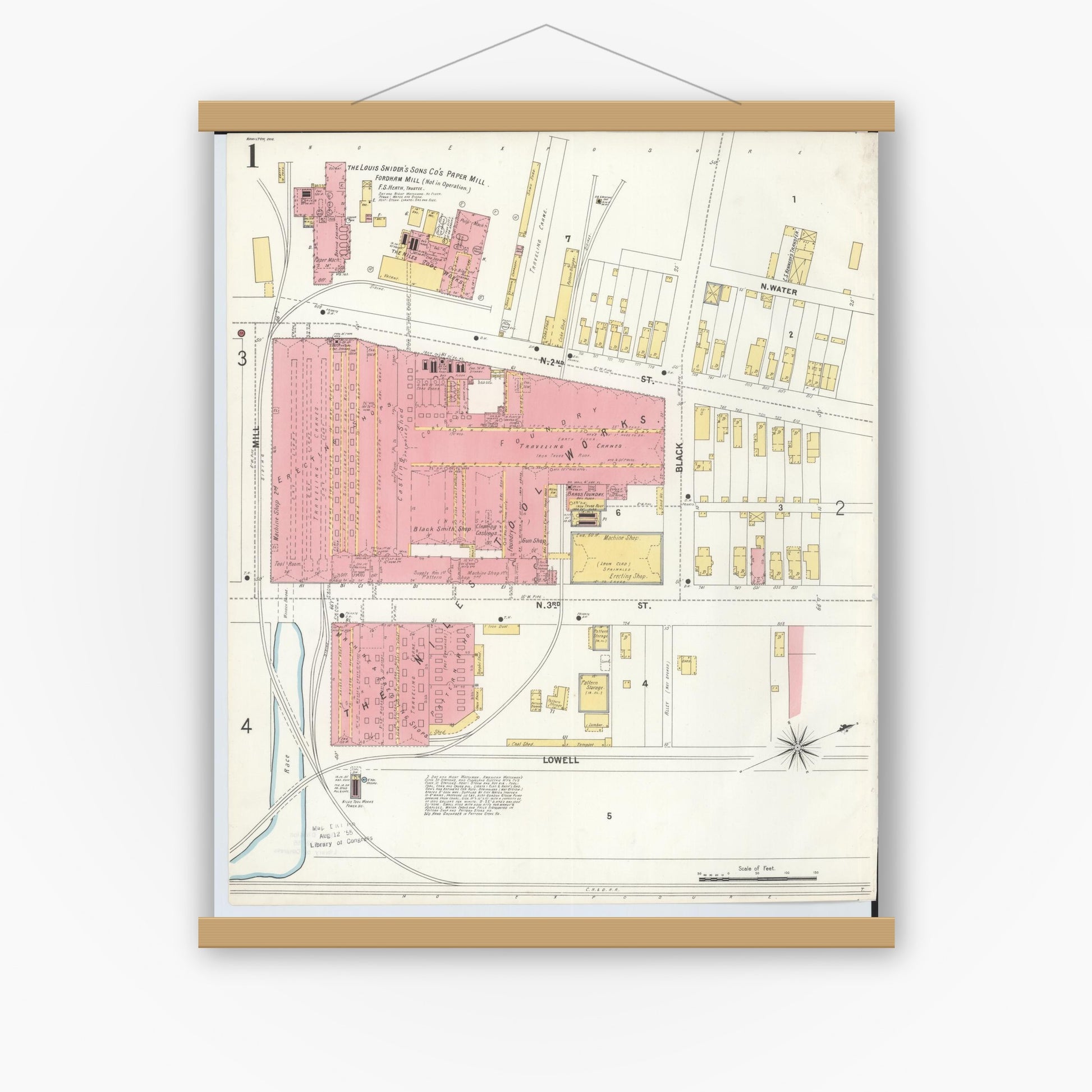 Old map wall art mockup — magnetic wood frame on white wall — Sanborn Fire Insurance Map from Hamilton, Butler County, Ohio (1899), Sheet #0001