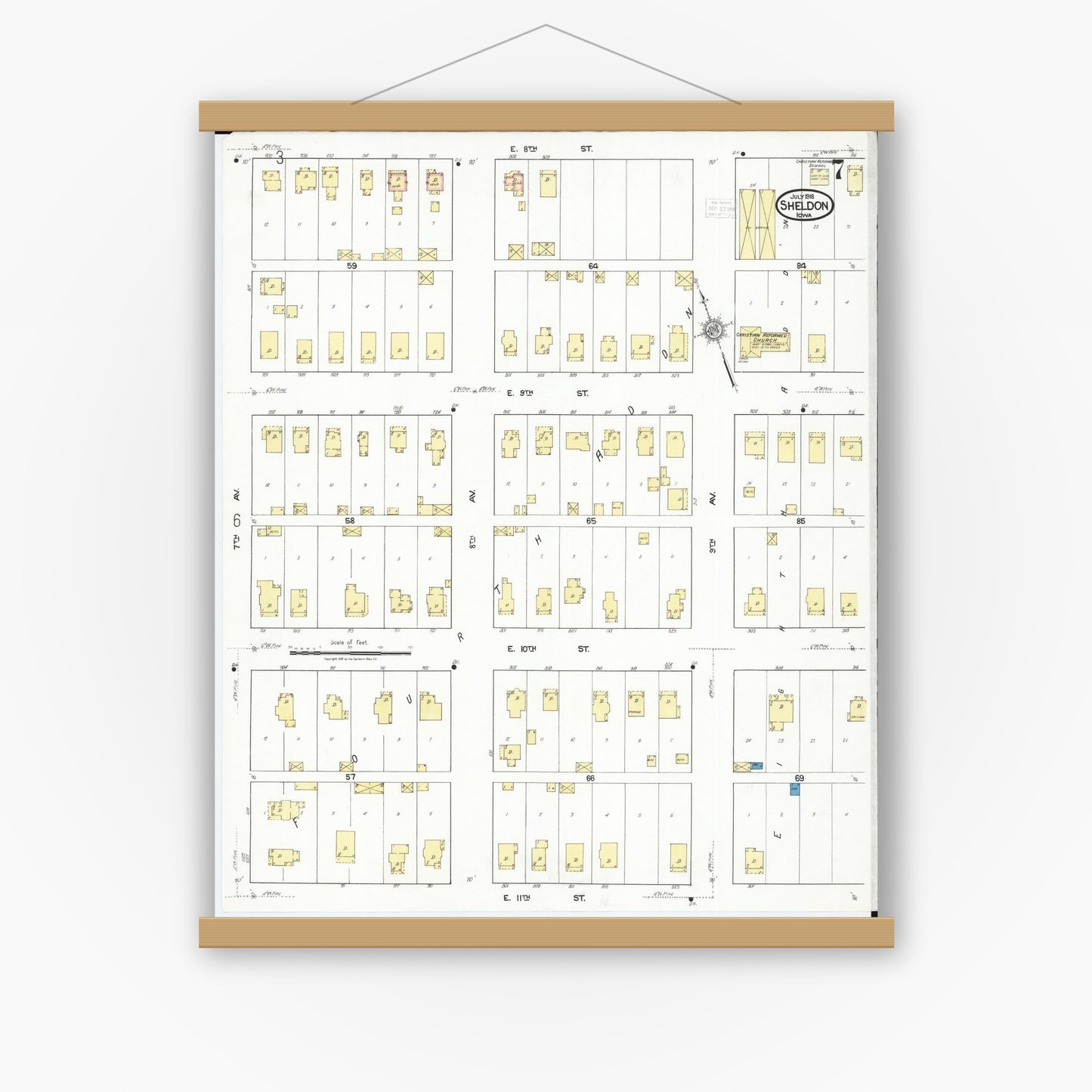 Old map wall art mockup — magnetic wood frame on white wall — Sanborn Fire Insurance Map from Sheldon, O'Brien County, Iowa (1918), Sheet #0007