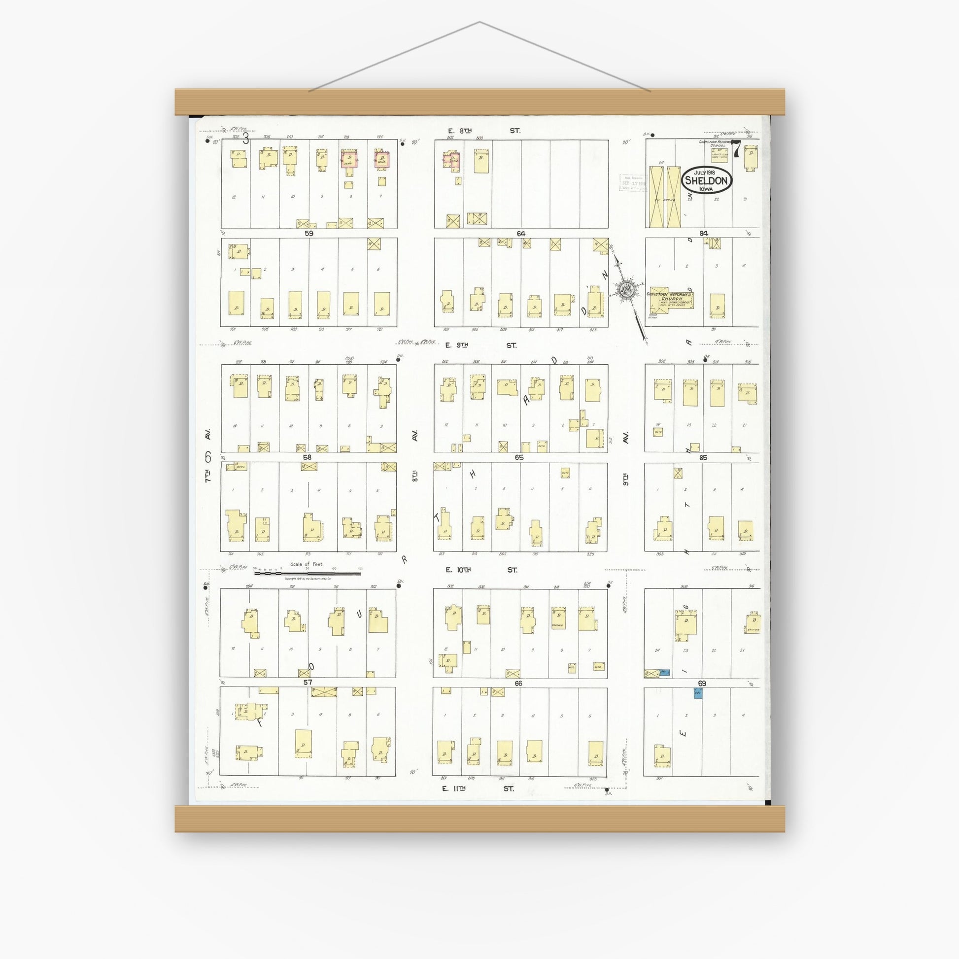 Old map wall art mockup — magnetic wood frame on white wall — Sanborn Fire Insurance Map from Sheldon, O'Brien County, Iowa (1918), Sheet #0007