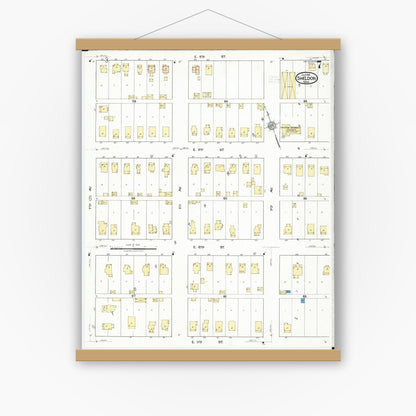 Old map wall art mockup — magnetic wood frame on white wall — Sanborn Fire Insurance Map from Sheldon, O'Brien County, Iowa (1918), Sheet #0007