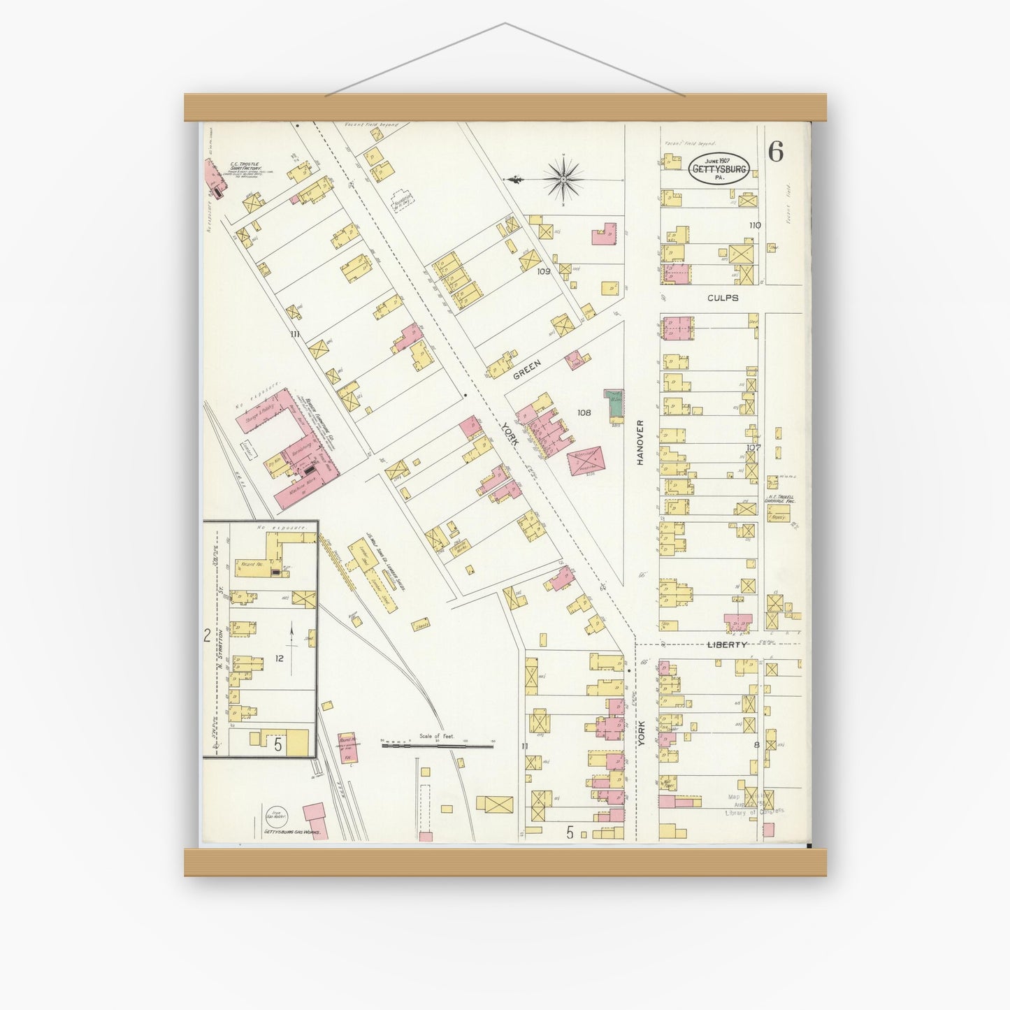 Old map wall art mockup — magnetic wood frame on white wall — Sanborn Fire Insurance Map from Gettysburg, Adams County, Pennsylvania (1907), Sheet #0006