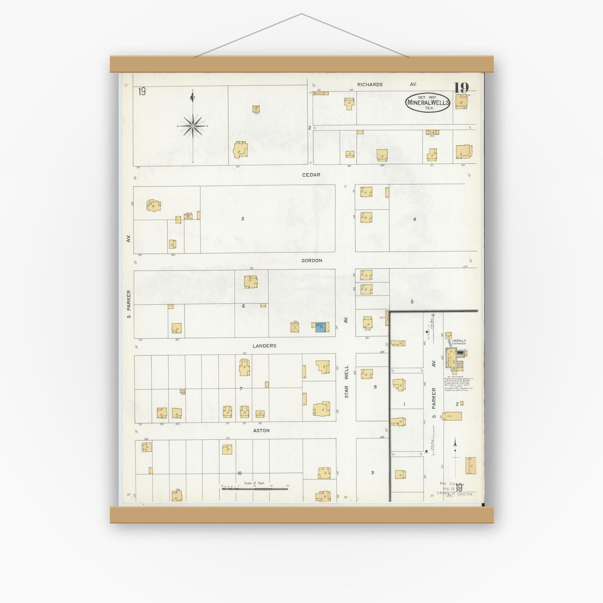 Old map wall art mockup — magnetic wood frame on white wall — Sanborn Fire Insurance Map from Mineral Wells, Palo Pinto County, Texas (1907), Sheet #0019