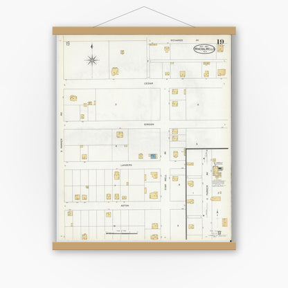 Old map wall art mockup — magnetic wood frame on white wall — Sanborn Fire Insurance Map from Mineral Wells, Palo Pinto County, Texas (1907), Sheet #0019