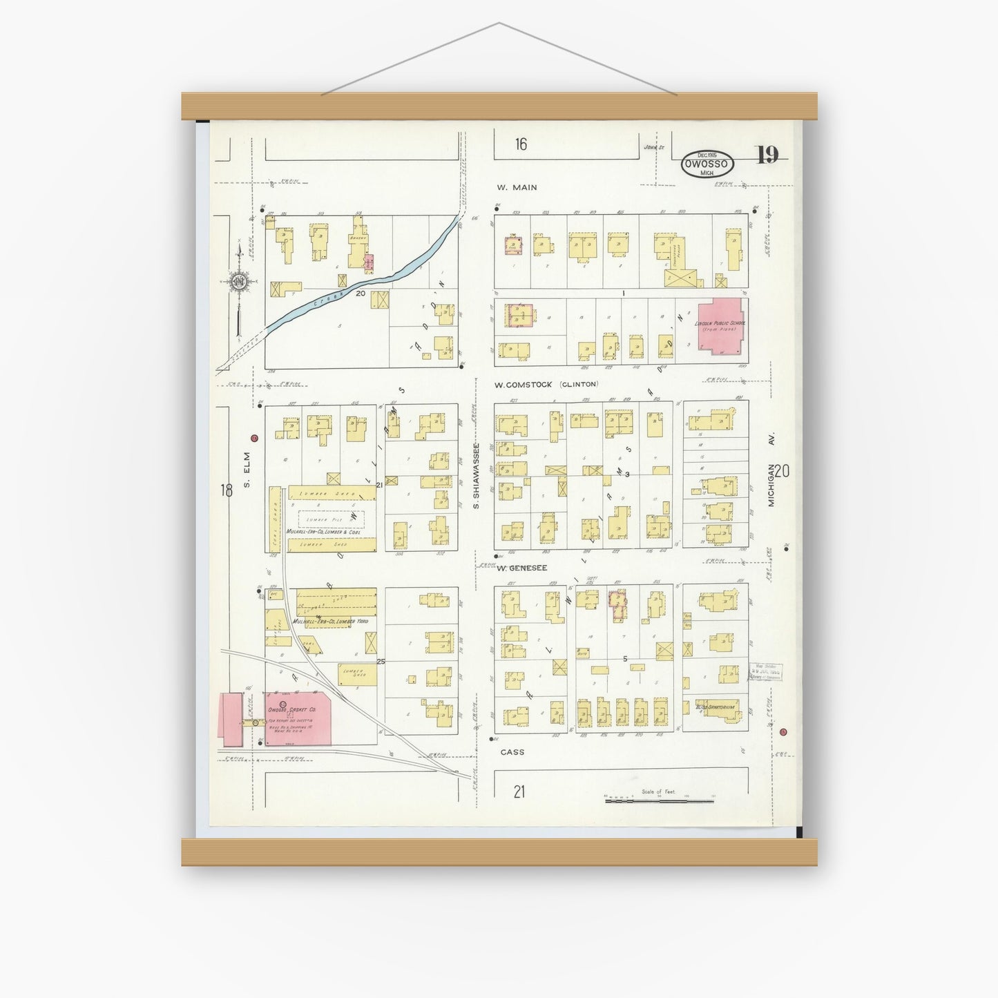 Old map wall art mockup — magnetic wood frame on white wall — Sanborn Fire Insurance Map from Owosso, Shiawassee County, Michigan (1915), Sheet #0019
