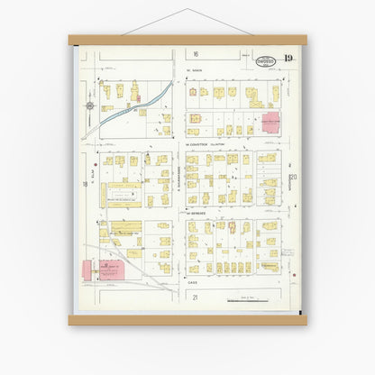Old map wall art mockup — magnetic wood frame on white wall — Sanborn Fire Insurance Map from Owosso, Shiawassee County, Michigan (1915), Sheet #0019